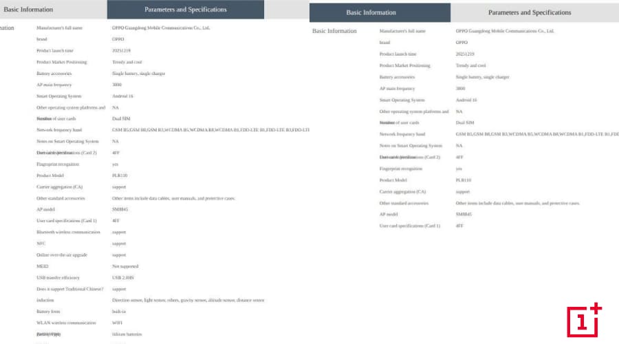 OnePlus Ace 6T Listing Full Specs