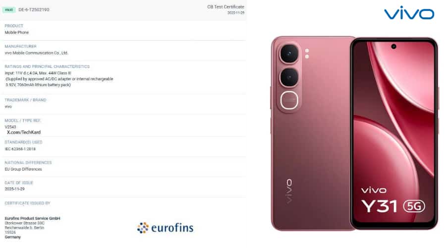 Vivo Y31d Eurofins लीक से स्पेक्स